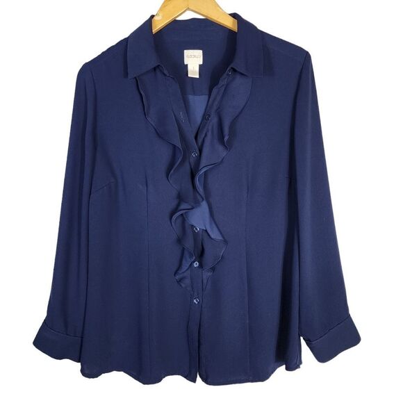 Chicos Blue Ruffle Front Silky Blouse - Picture 2 of 10